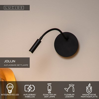 Lucide JOLIJN - wiederaufladbare Bettlampe / Wandleuchte - Akku/Batterie - Ø 11 cm - LED - 1x2W 3000K - Magnetisch - Schwarz